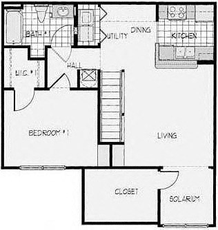 Floor plan for 1 bed, 1 bath, 827 sqft